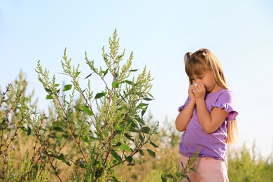 Photo of Little girl suffering from ragweed allergy outdoors