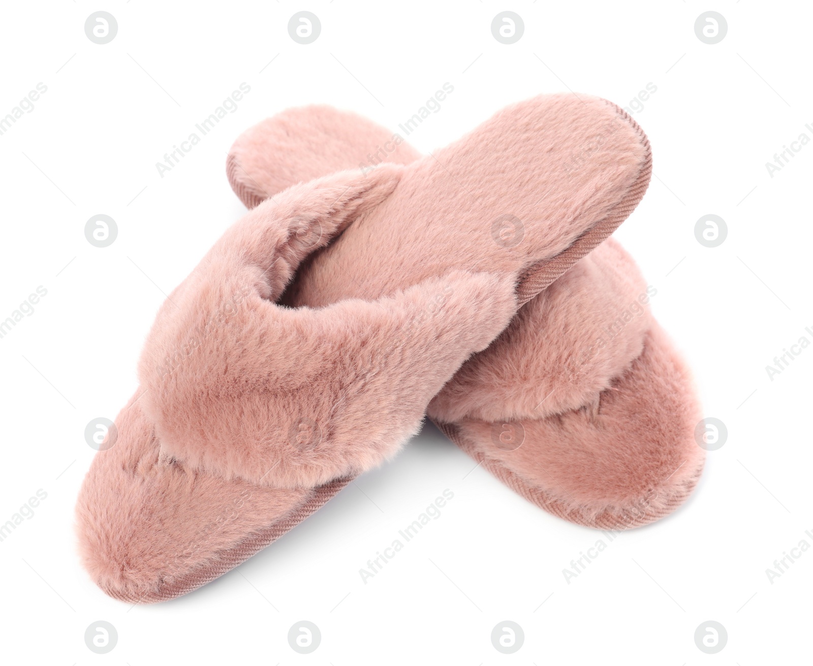 Photo of Pair of pink soft slippers isolated on white