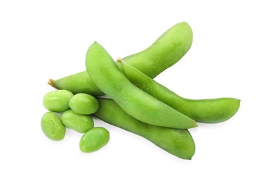 Fresh green edamame pods with beans on white background