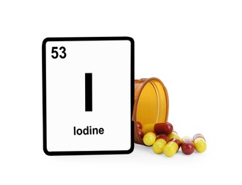 Card with iodine element, jar and pills isolated on white