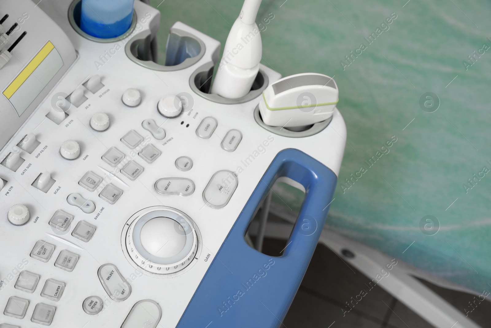 Photo of Ultrasound control panel in hospital, closeup. Medical equipment