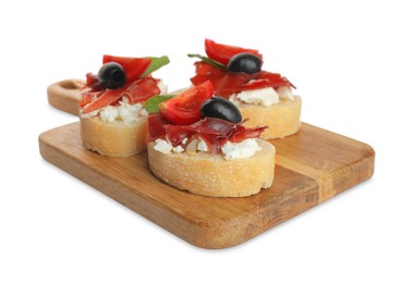 Delicious sandwiches with bresaola, cream cheese, olives and tomato isolated on white