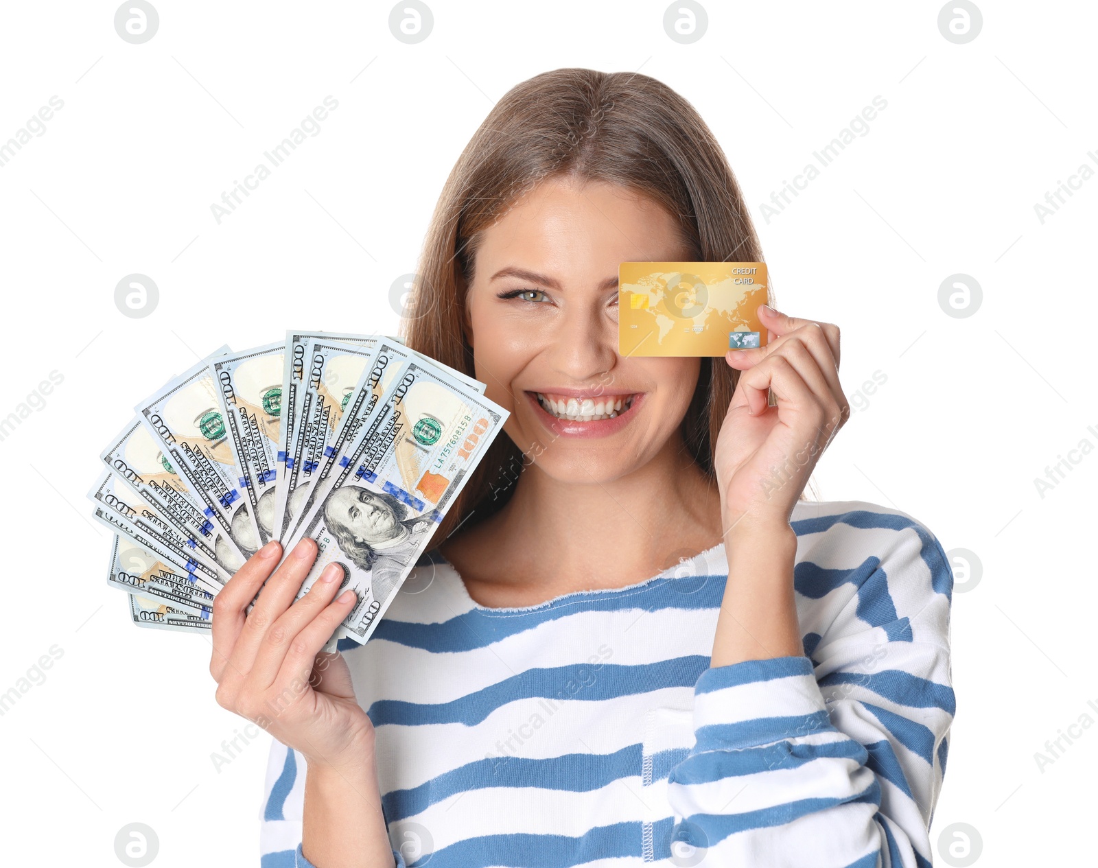 Photo of Portrait of happy young woman with money and credit card on white background