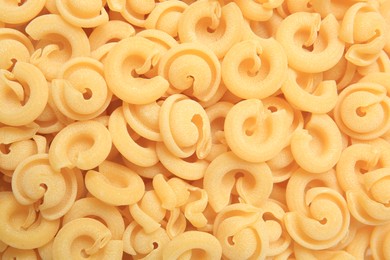 Raw dischi volanti pasta as background, top view