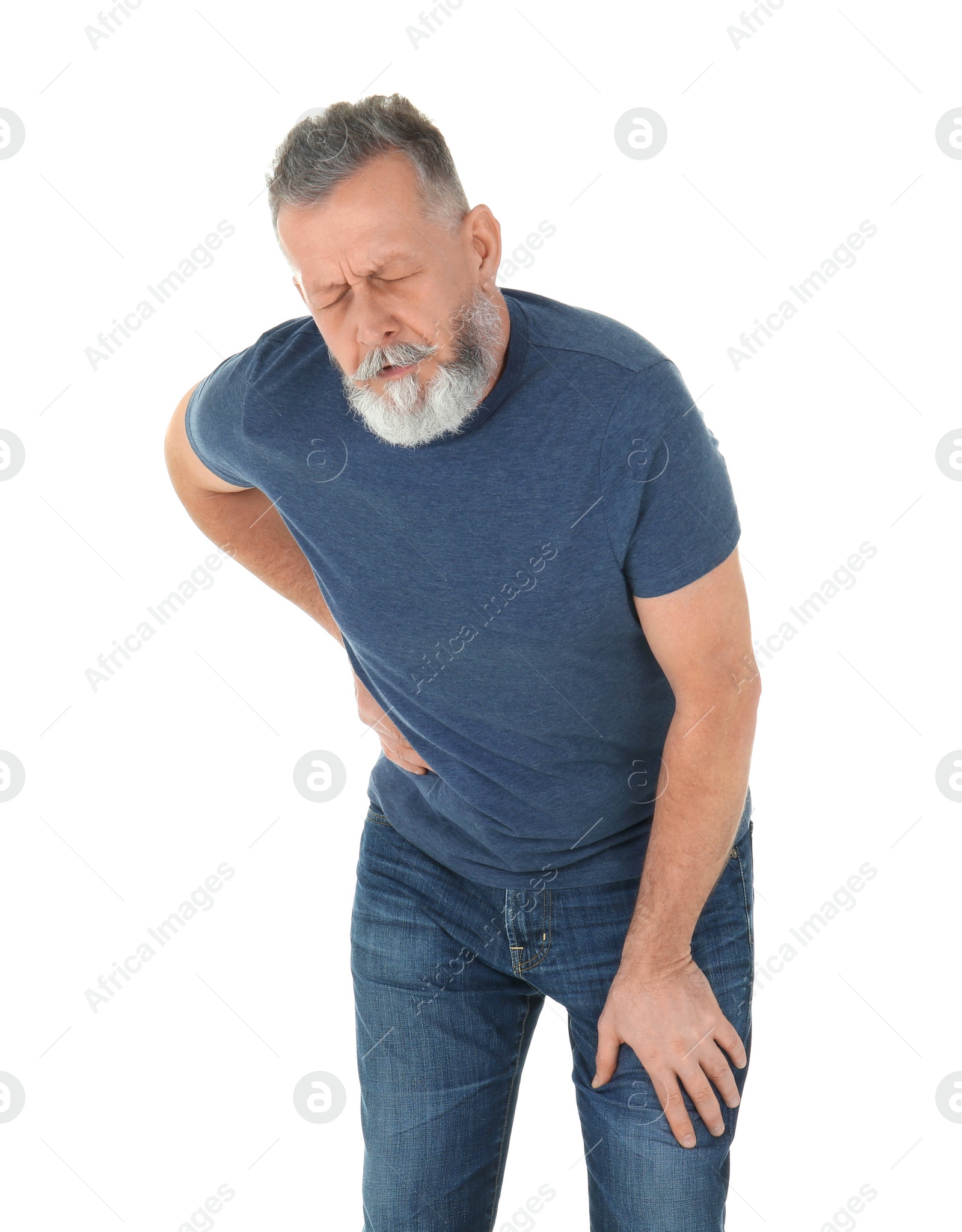 Photo of Man suffering from flank pain on white background