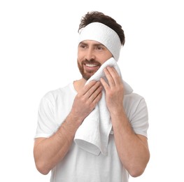 Photo of Washing face. Man with headband and towel on white background