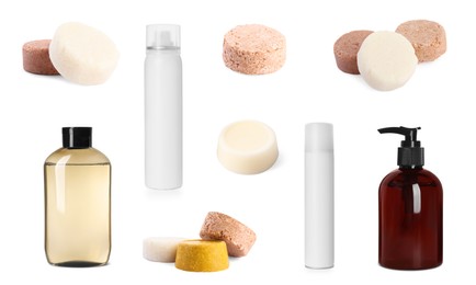 Image of Set with different kinds of shampoo: ordinary, dry and solid on white background