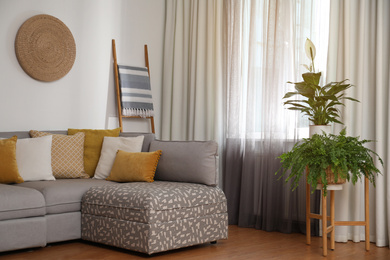 Photo of Window with stylish curtains in living room interior