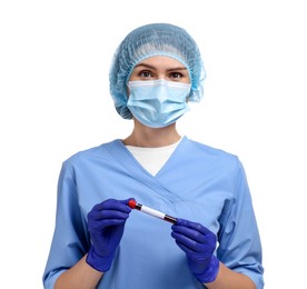 Laboratory testing. Doctor with blood sample in tube on white background