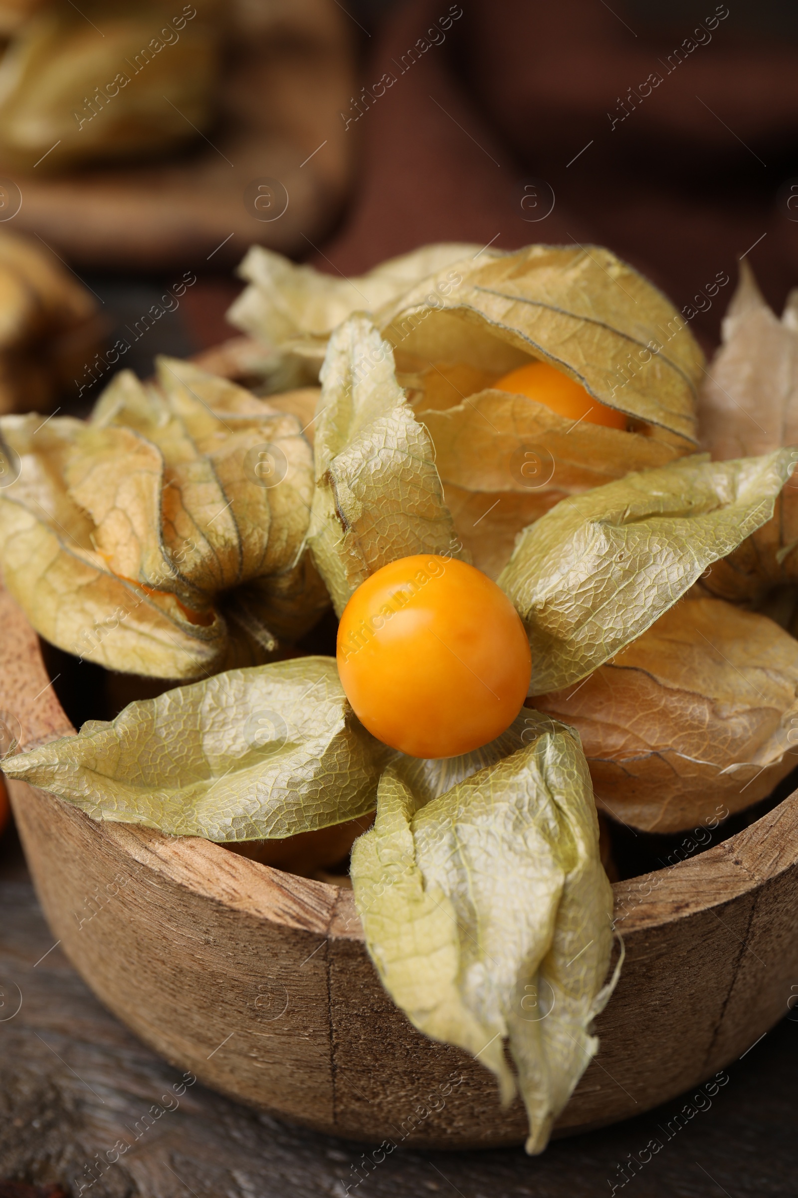 Photo of Ripe physalis fruits with calyxes in bowl on wooden table, closeup