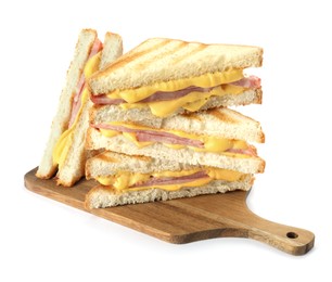 Tasty sandwiches with ham and melted cheese isolated on white