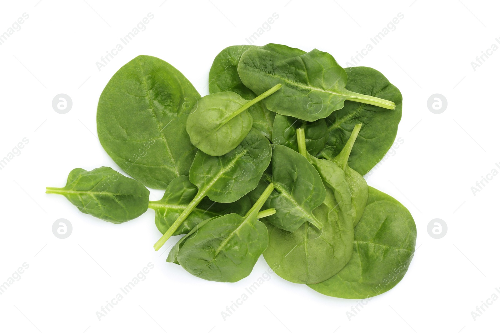 Photo of Pile of fresh spinach leaves isolated on white, top view