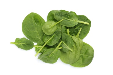 Photo of Pile of fresh spinach leaves isolated on white, top view