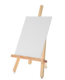 Wooden easel with blank canvas board on white background. Children's painting