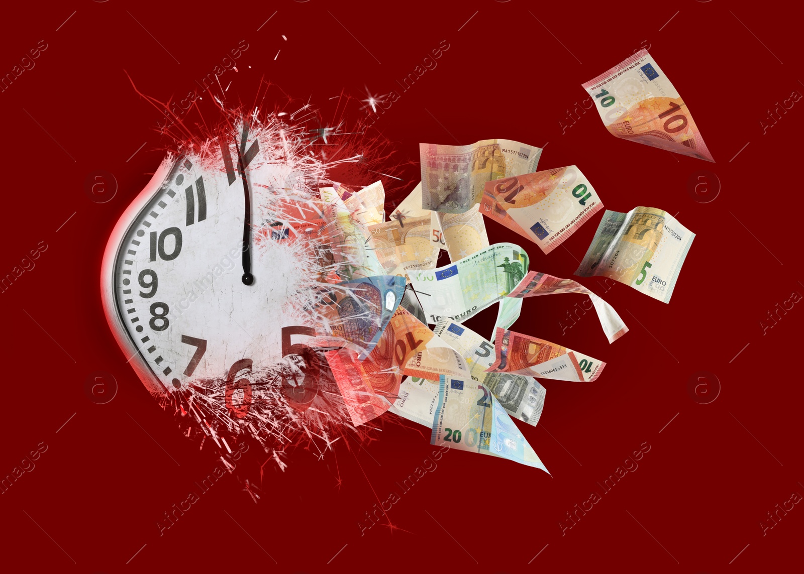 Image of Time is money. Clock converting into euro banknotes on red background