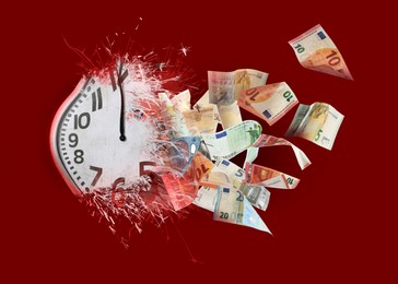 Image of Time is money. Clock converting into euro banknotes on red background