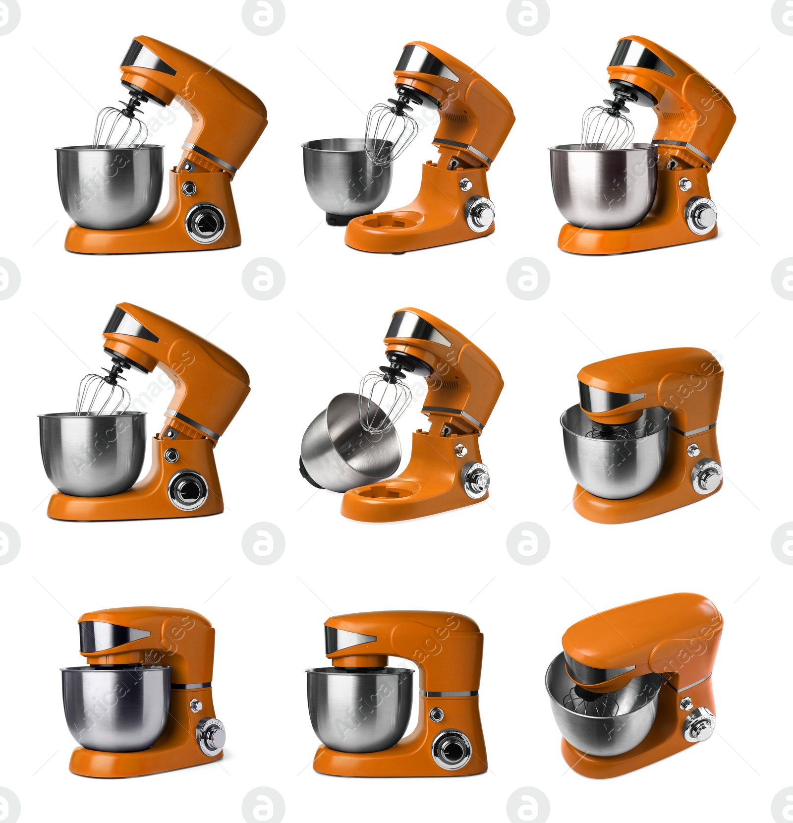 Image of Orange stand mixers isolated on white, set