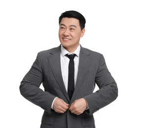 Businessman in suit posing on white background