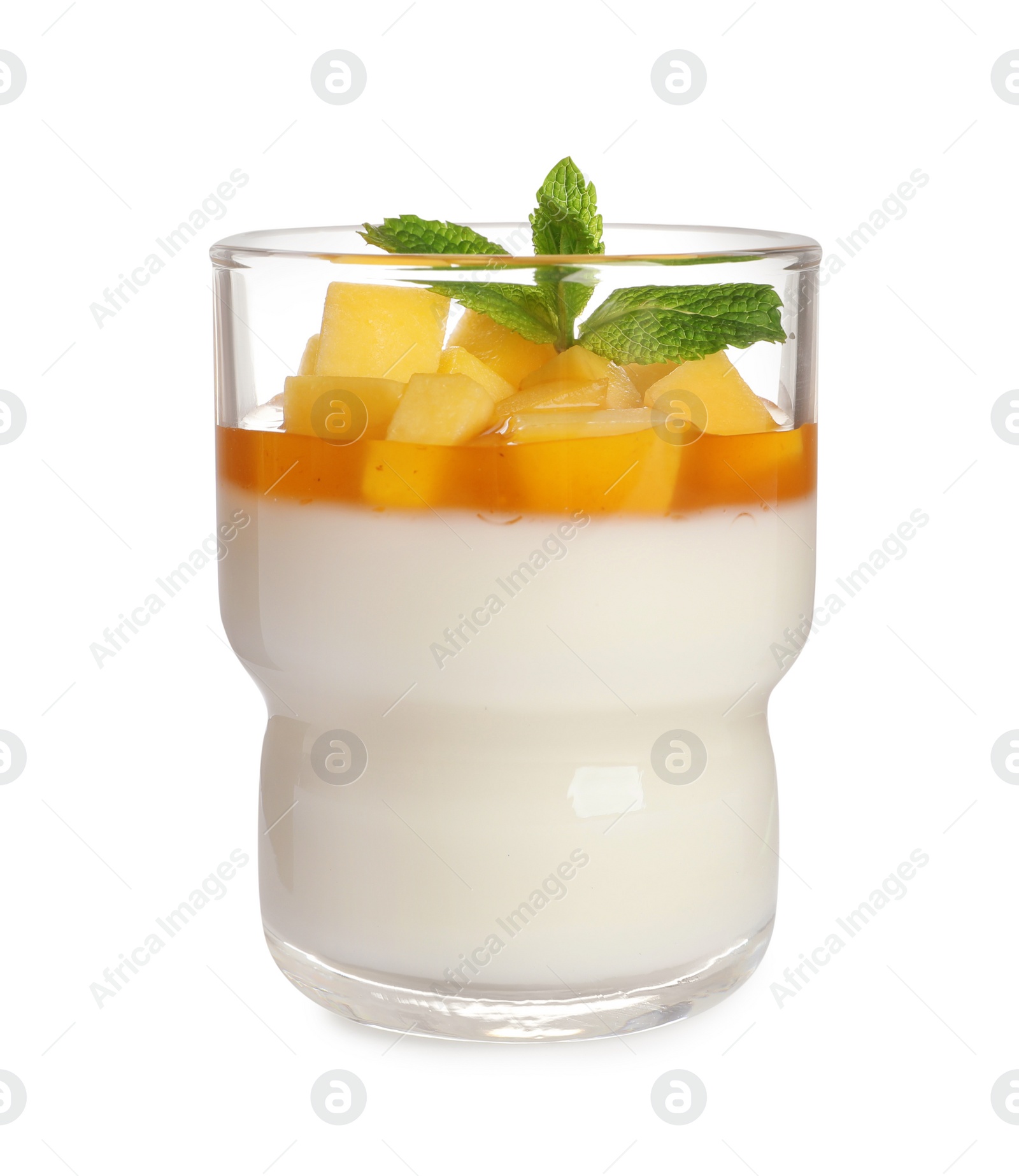 Photo of Delicious panna cotta with mango coulis isolated on white