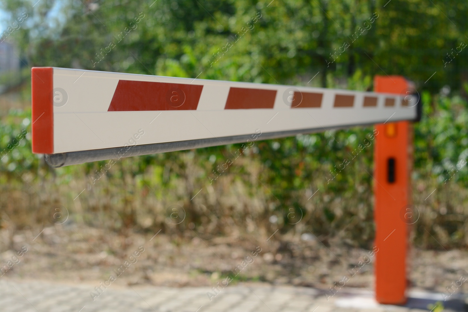 Photo of Closed boom barrier on sunny day outdoors, closeup