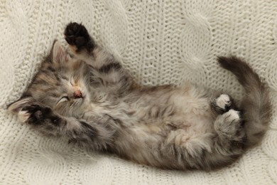 Photo of Cute kitten sleeping on white knitted blanket, above view
