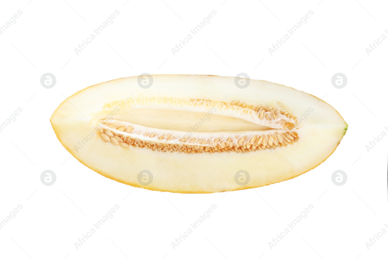 Photo of Slice of delicious ripe melon isolated on white, top view