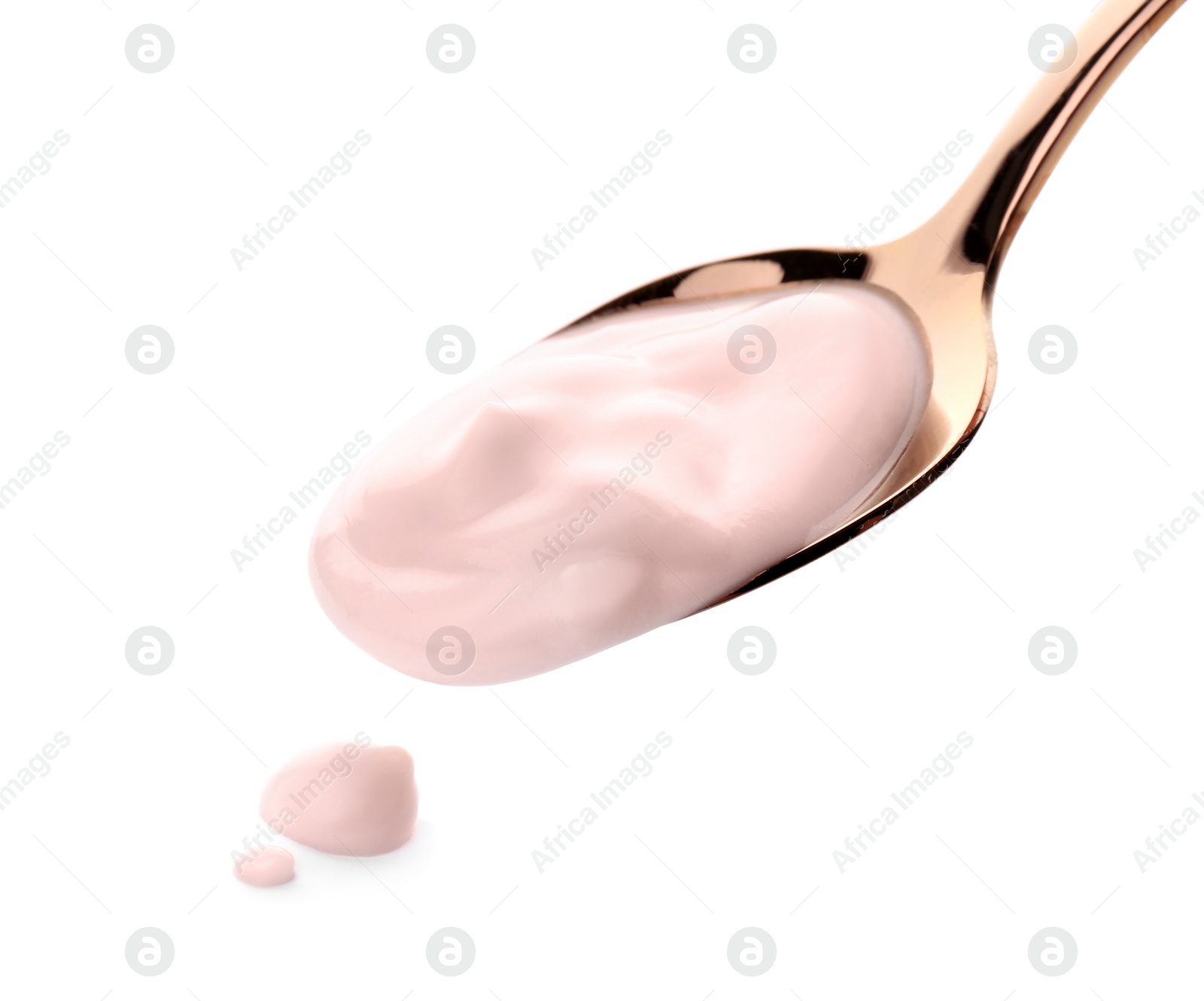 Photo of Spoon with yummy yogurt on white background