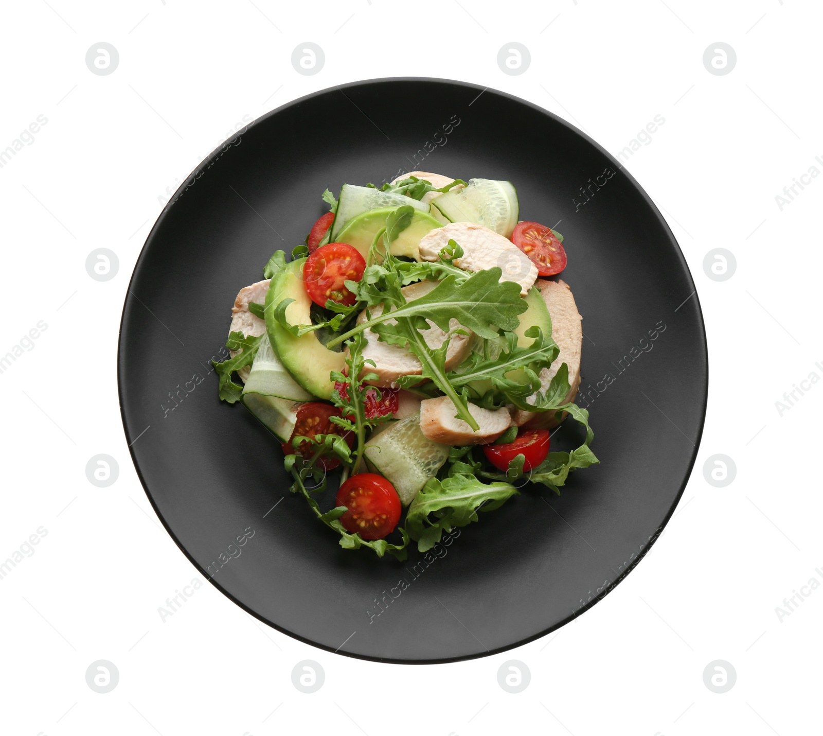 Photo of Delicious salad with chicken, vegetables and arugula on white background, top view