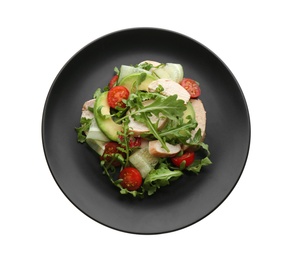 Delicious salad with chicken, vegetables and arugula on white background, top view