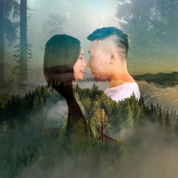 Double exposure of affectionate couple and natural scenery