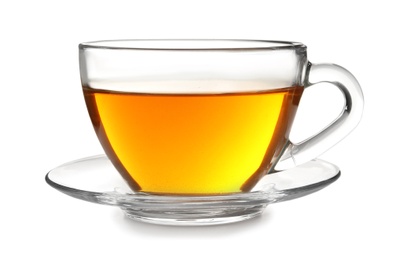 Photo of Glass cup with black tea on white background