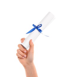 Photo of Student holding rolled diploma with blue ribbon on white background, closeup