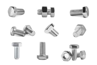 Image of Set with metal hex bolts and nuts on white background