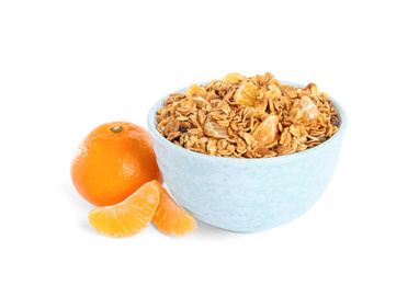 Tasty healthy breakfast with muesli and tangerine on white background