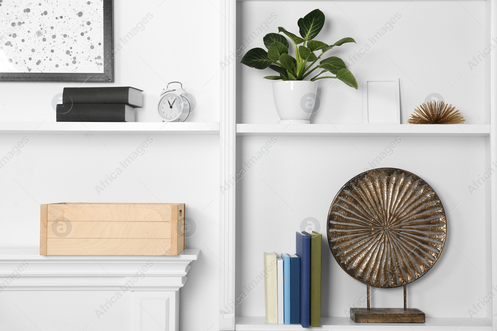 Photo of White shelving unit with houseplant and different decor elements in room. Interior design