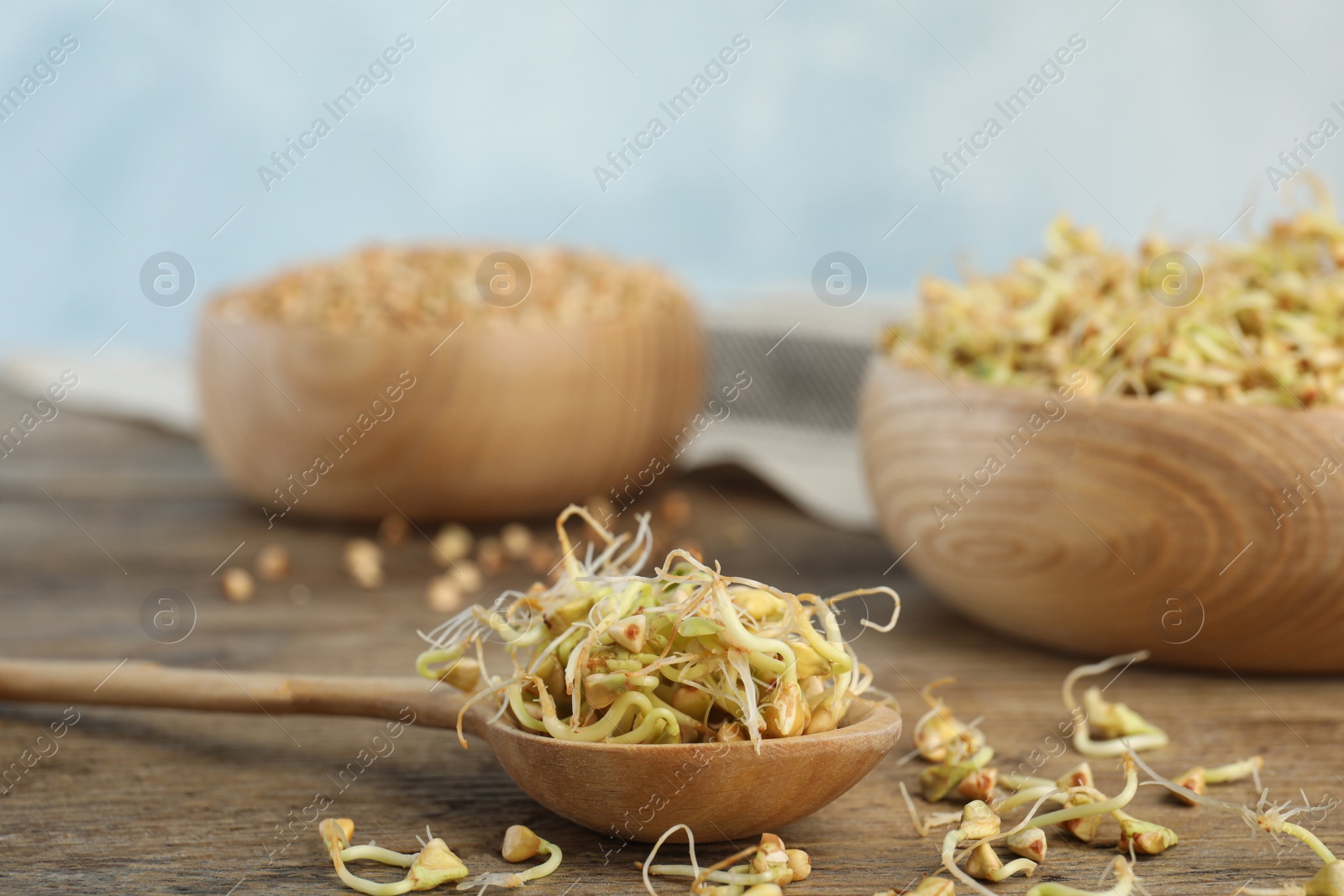 Photo of Spoon of sprouted green buckwheat on wooden table, closeup