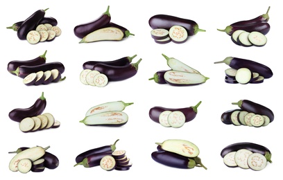 Image of Set of cut and whole fresh eggplants on white background