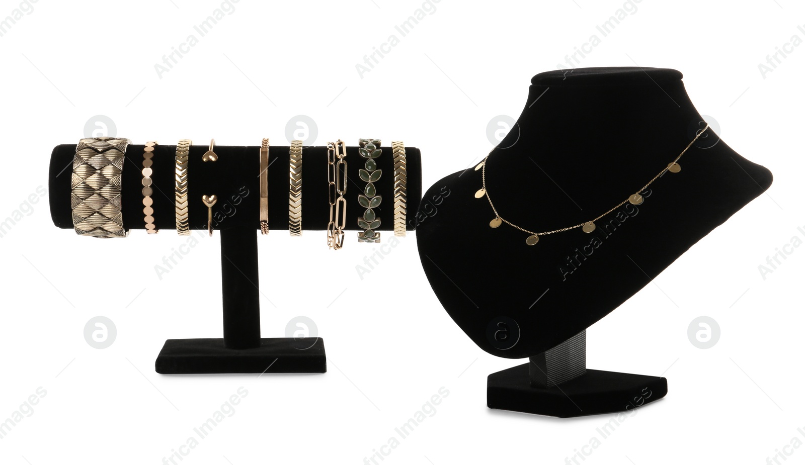 Photo of Different display stands with stylish jewelry on white background