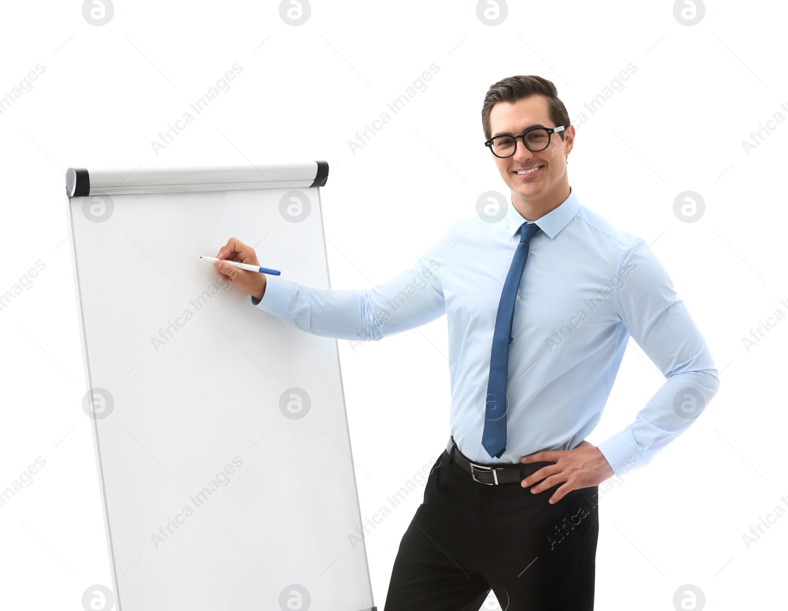 Photo of Professional business trainer near flip chart in office