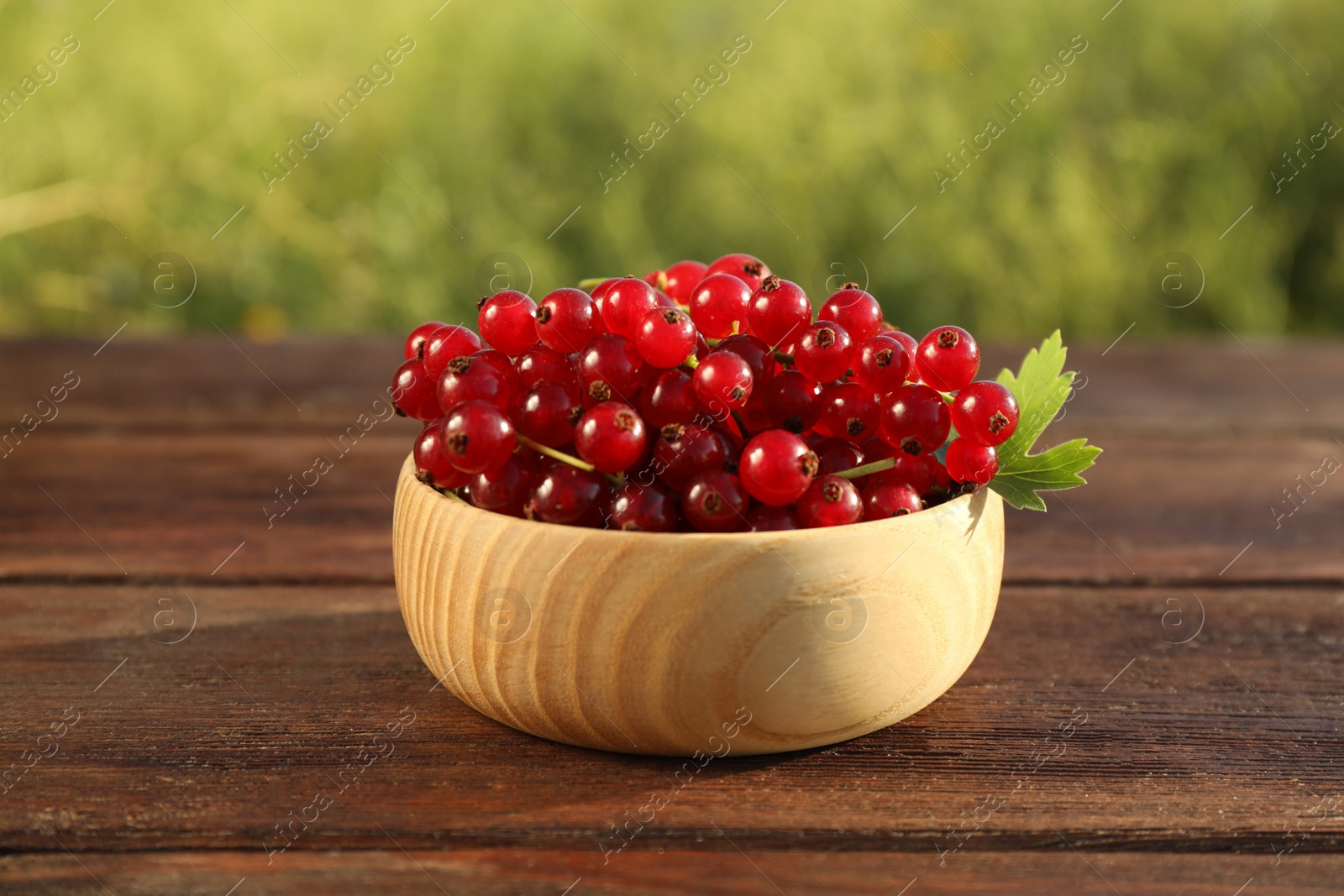 Photo of Fresh ripe red currant in bowl on wooden table outdoors