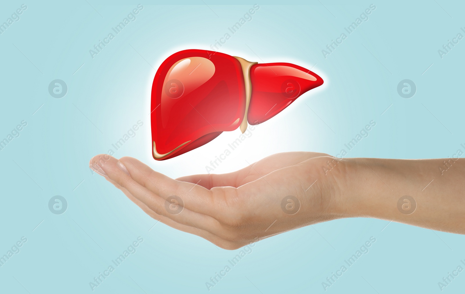 Image of Woman and illustration of liver on light blue background, closeup