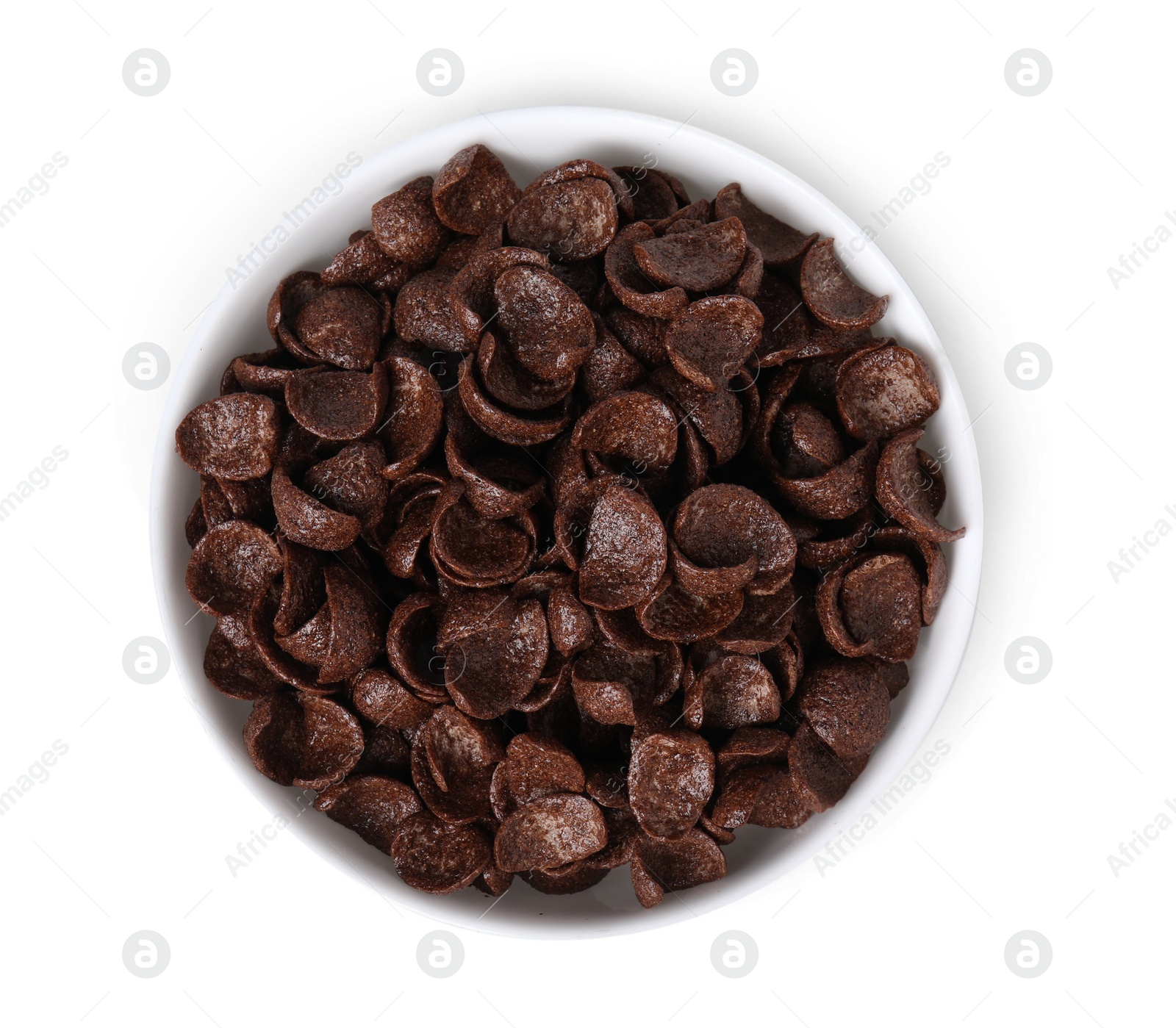 Photo of Breakfast cereal. Chocolate corn flakes in bowl isolated on white, top view