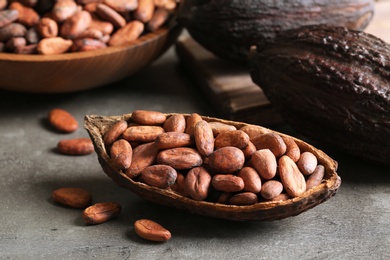 Photo of Cocoa pod of beans on grey table