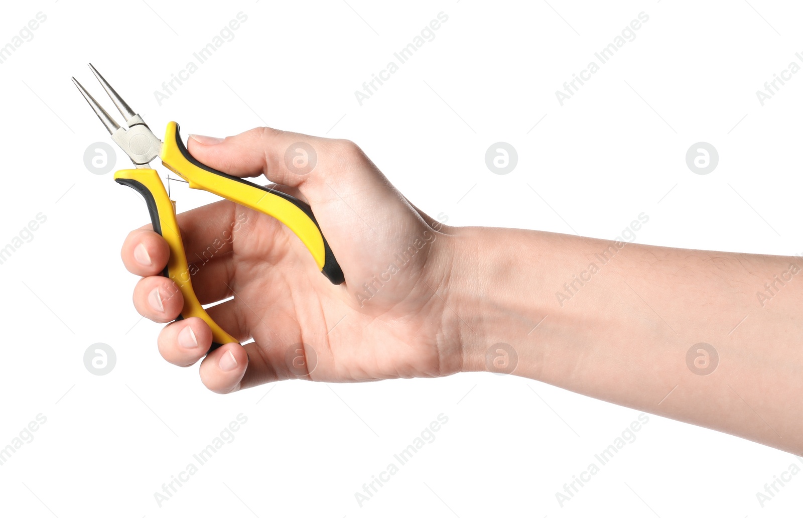 Photo of Woman holding round nose pliers isolated on white, closeup