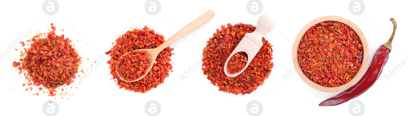 Image of Aromatic spices. Red chili pepper flakes and whole dried pepper on white background, top view