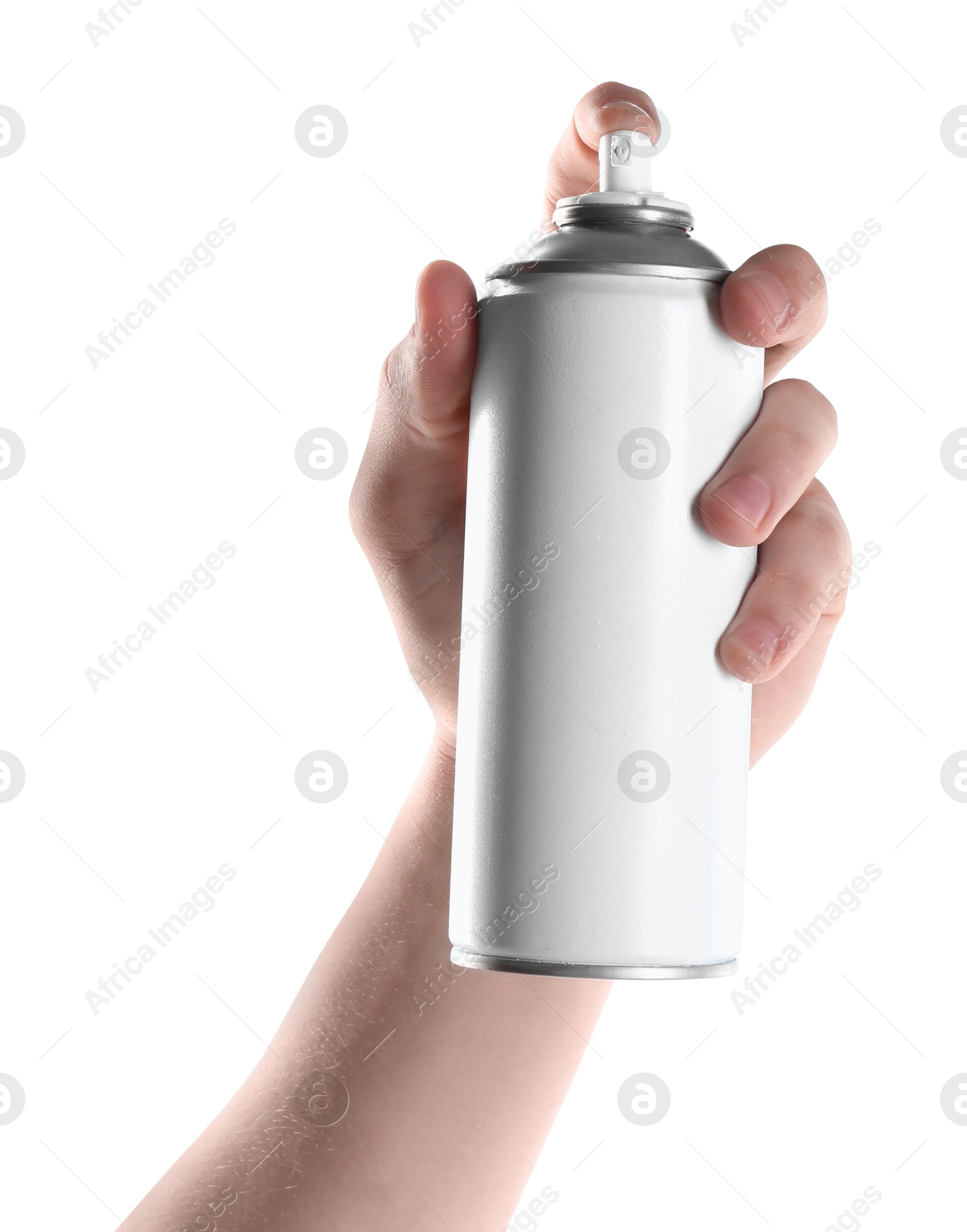 Photo of Man with can of spray paint on white background, closeup