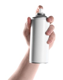 Photo of Man with can of spray paint on white background, closeup