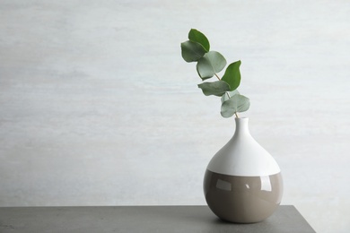 Photo of Vase with eucalyptus branch with fresh leaves on table