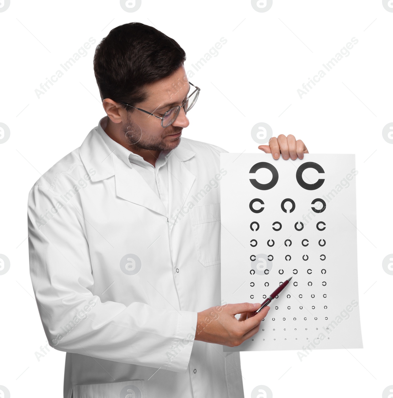 Photo of Ophthalmologist pointing at vision test chart on white background