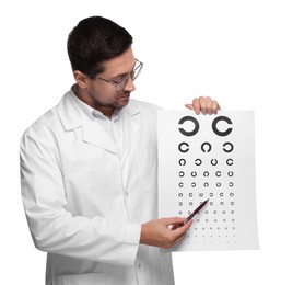 Photo of Ophthalmologist pointing at vision test chart on white background